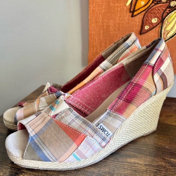 Toms| Cute Summer Tan/Blue/Orange 3.5” Wedge Open Toe Espadrille Shoes Sz 8.5 - Picture 3 of 6